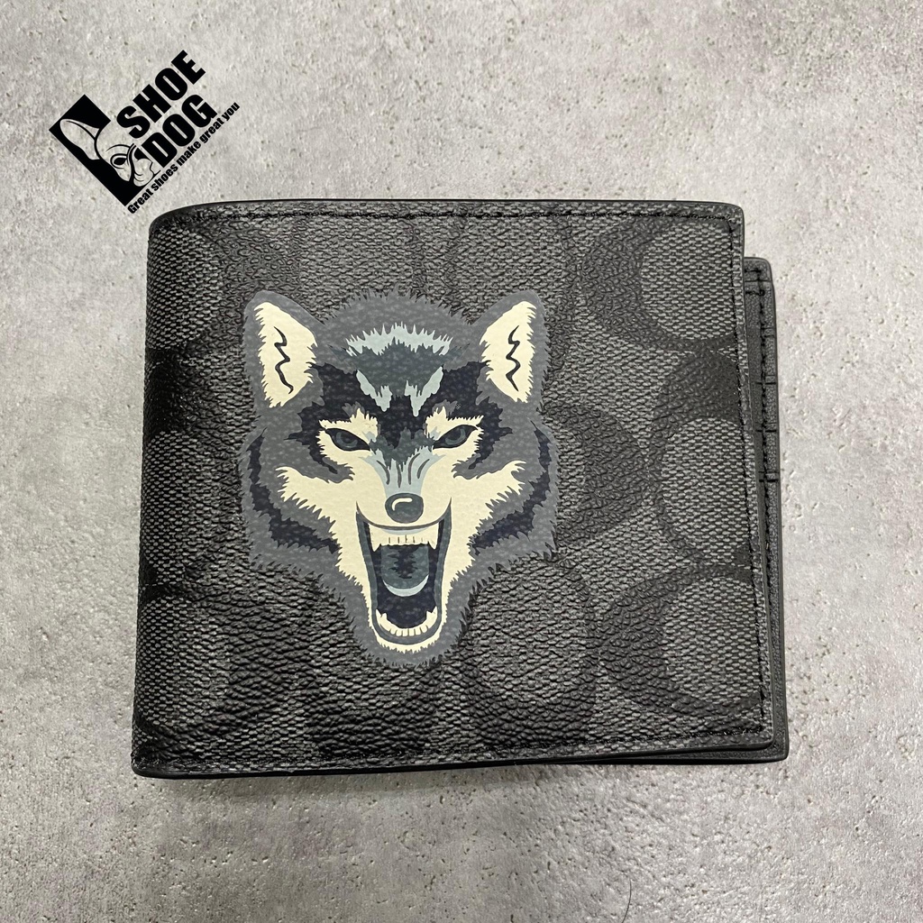 Bóp ví ngắn hàng hiệu nam nữ Coach gập đôi có tặng kèm card holder màu mono đen hình sói