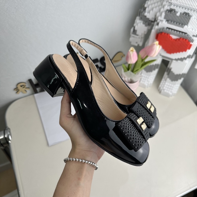 Xăng đan MinMin nữ mũi kín gót vuông cao đính nư phong cách retro Pháp cá tính G16