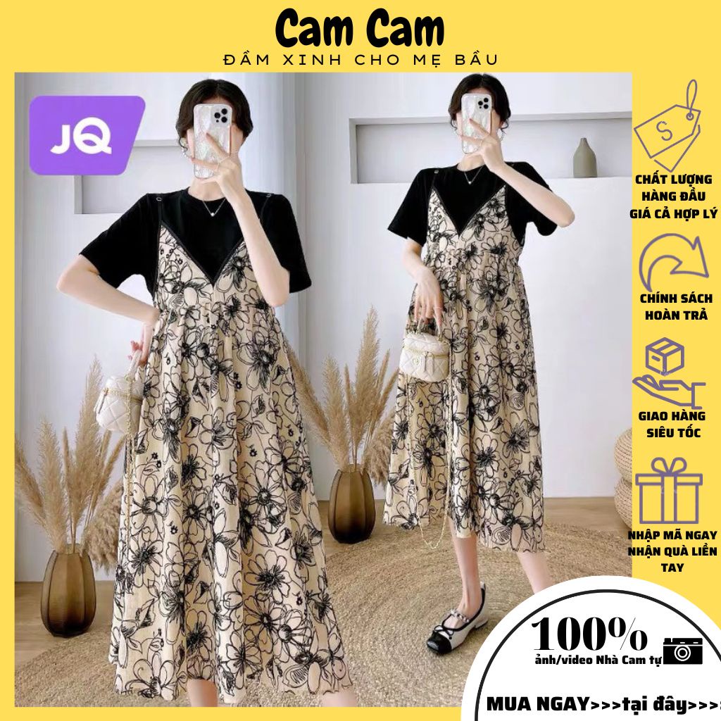 Váy bầu đầm bầu yếm hoa, áo rời dễ thương trẻ trung form dài xinh mã ĐB1059