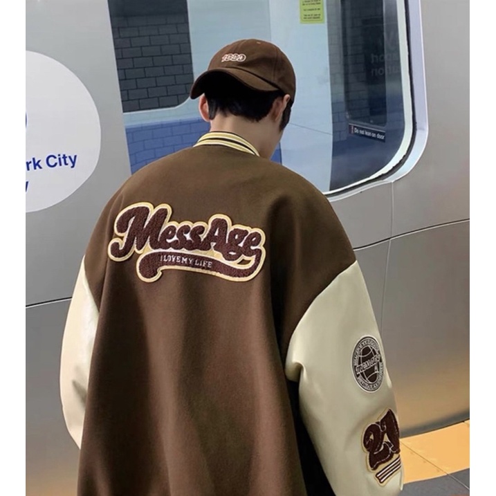 Áo khoác bomber tay da nam nữ màu nâu thêu chữ M