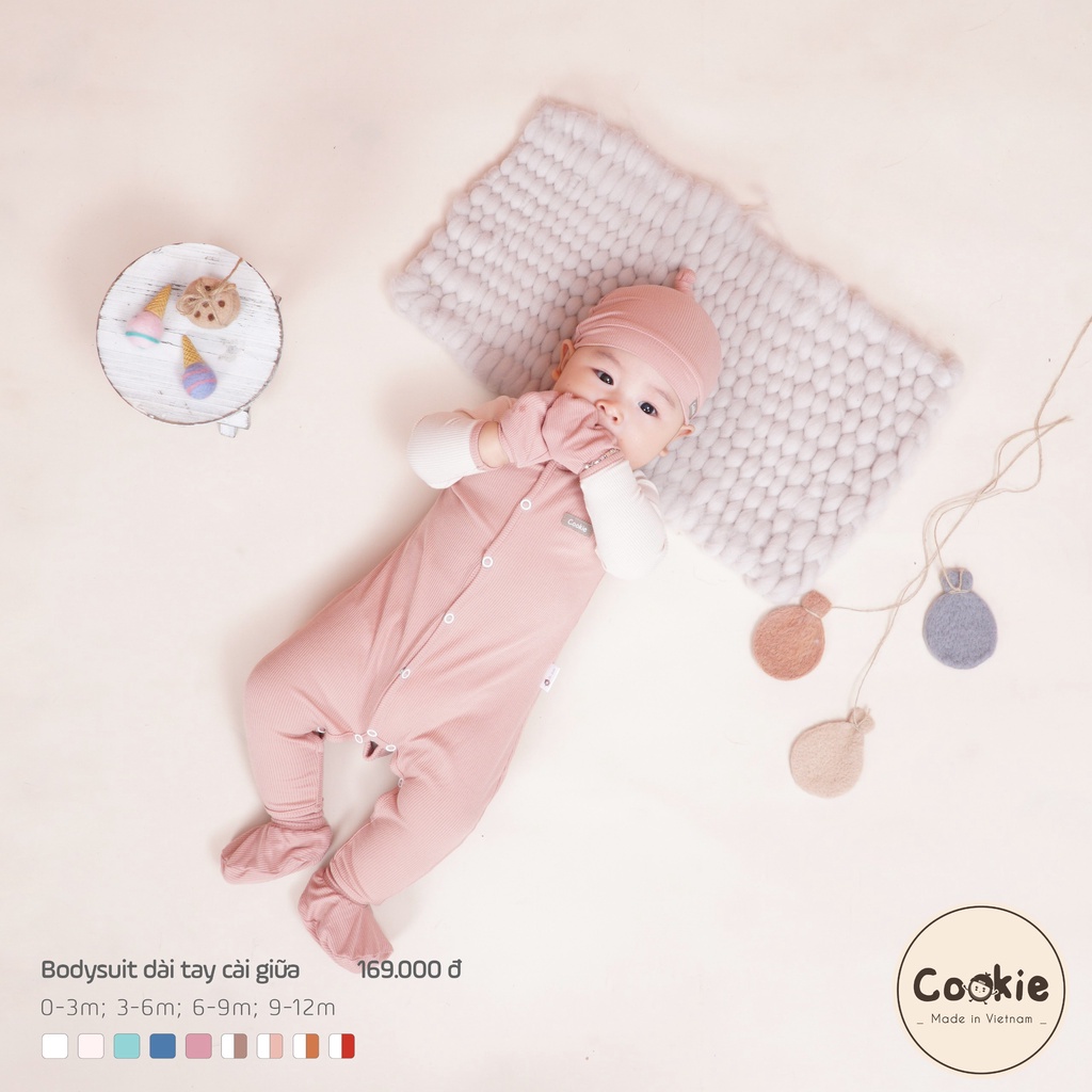 Bodysuit dài tay cài giữa COOKIE cho bé size 0-3m, 3-6m, 6-9m, 9-12m