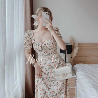Váy lụa hoa nhí xếp ly ngực ( có mút )