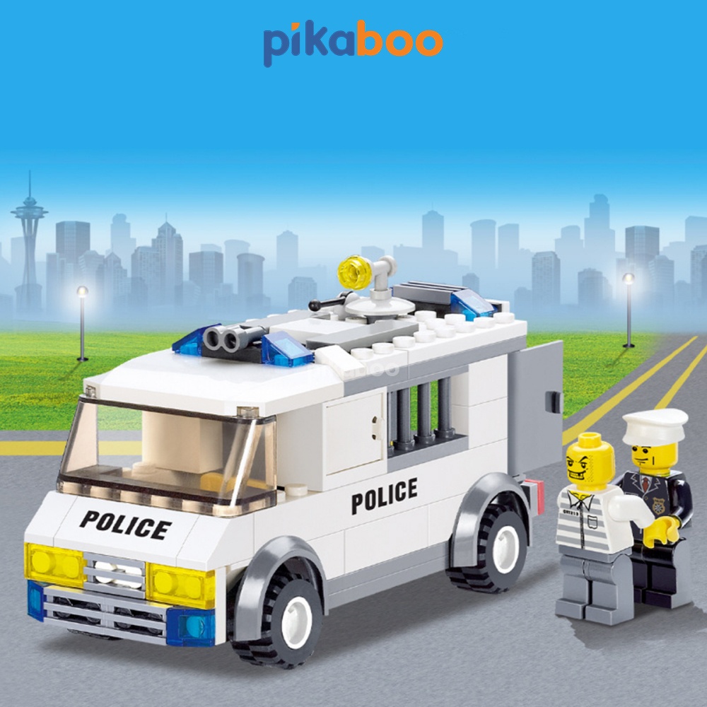 Đồ chơi lắp ráp xếp hình xe cảnh sát cứu hỏa chở hàng cao cấp Pikaboo chất liệu nhựa an toàn