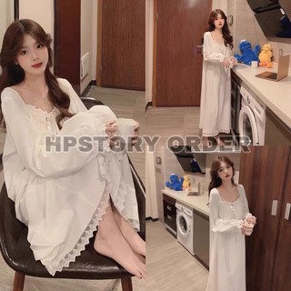 Váy ngủ trắng cute phong cách tiểu thư, Váy ngủ bánh bèo dáng xuông dài mặc nhà