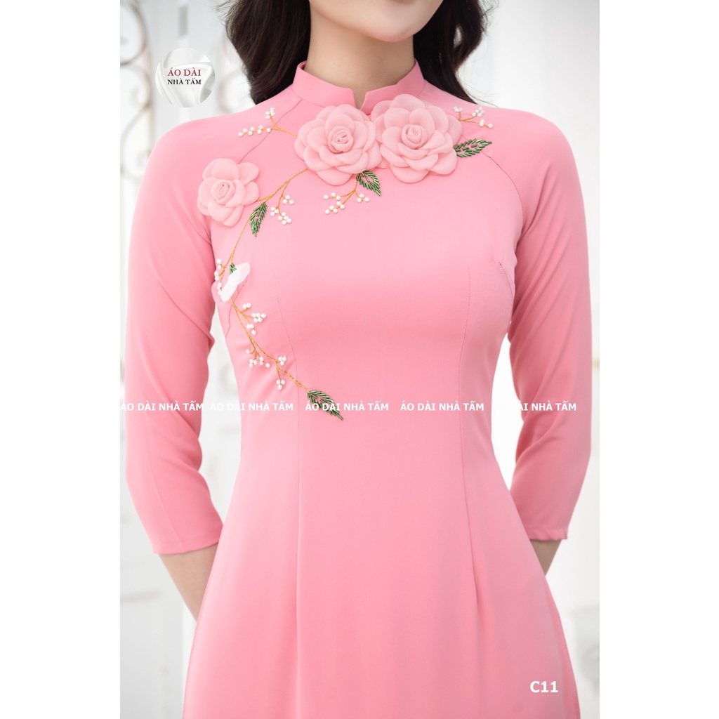 C11-ÁO DÀI TRUYỀN THỐNG MÀU HỒNG ĐÍNH HOA NỔI, ÁO DÀI NHÀ TẤM