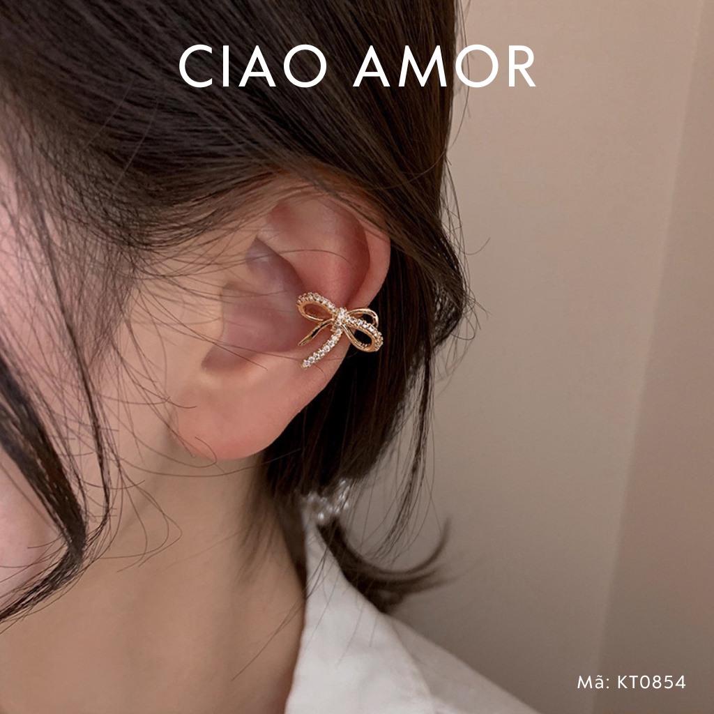 Khuyên tai nữ, Bông tai kẹp vành nơ đá ngắn Trang sức Ciao Amor - KT0854