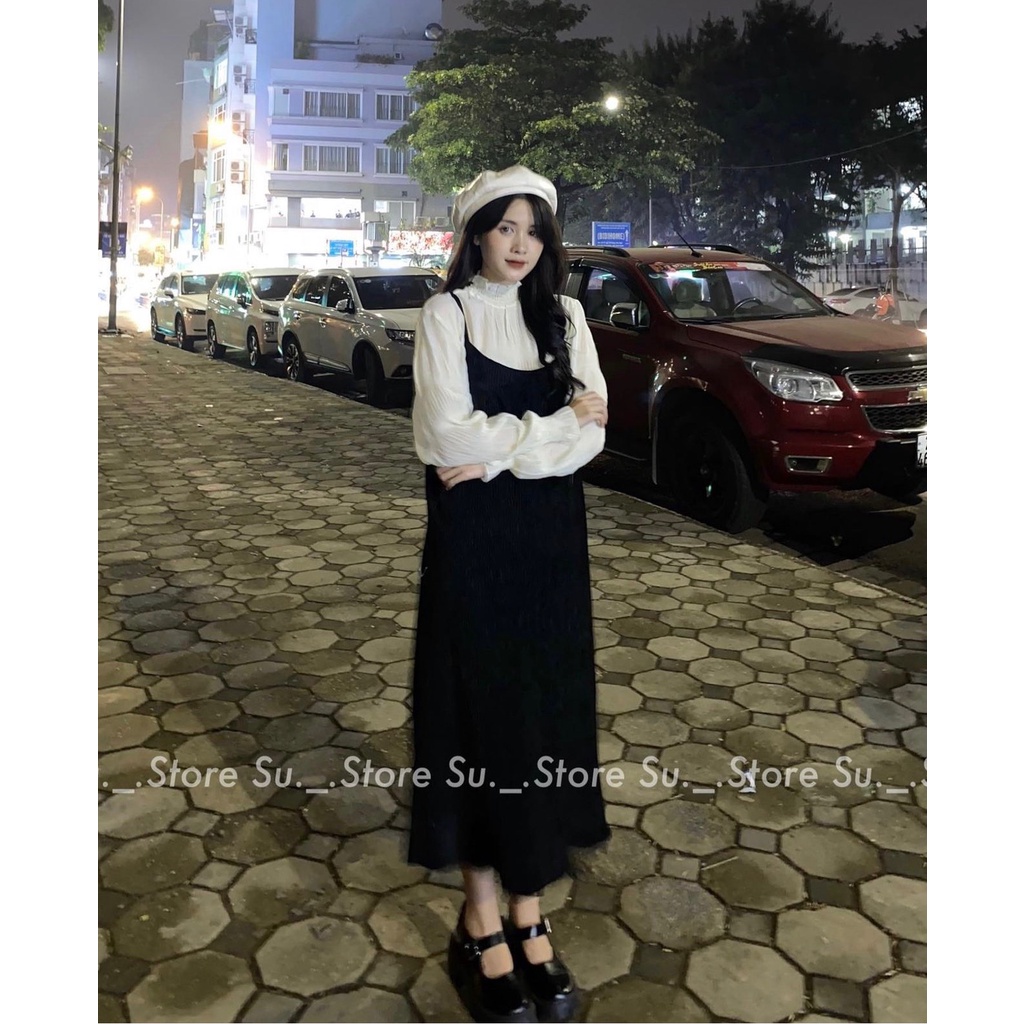 Set yếm 2 dây chất nhung mịn kèm áo sơ mi bo cổ dài tay nhún
