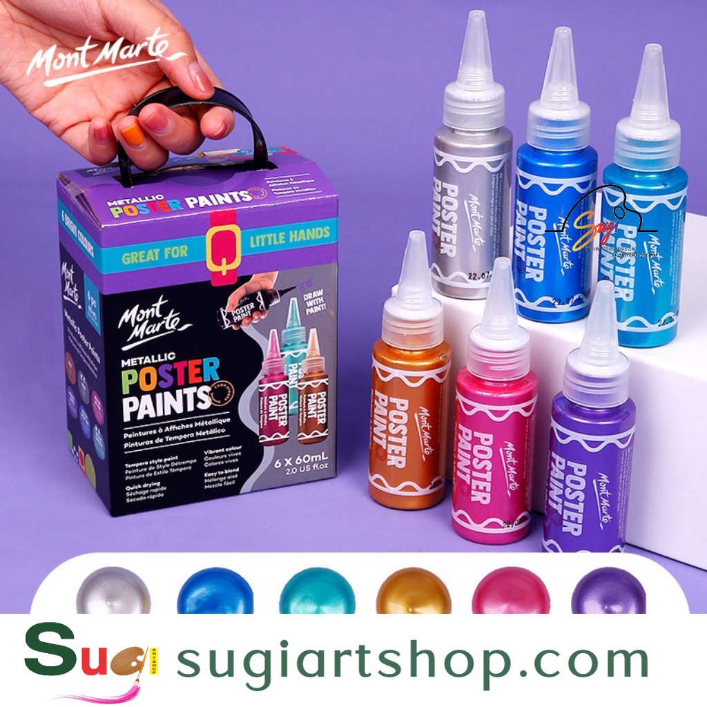 [ Sugi Art Shop ] Bộ Màu Poster Paint 6/12 màu Ánh Nhủ/ Mont Marte Metallic Poster Paint 6 Màux60ml-12 Màux 60ml