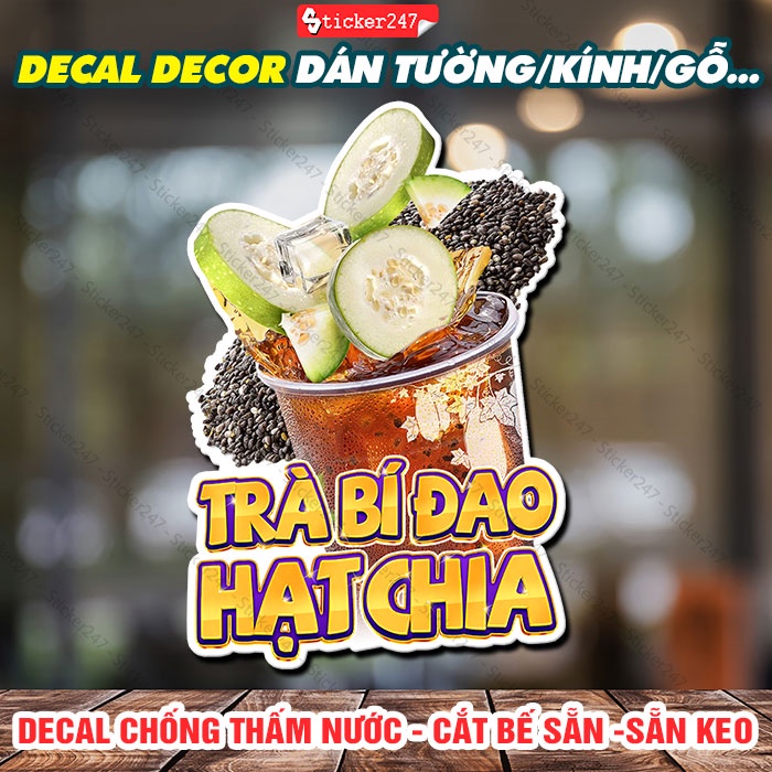 Decal Trang Trí Trà Bí Đao Hạt Chia 🌈 Hình Dán Tường Trang Trí Quán Trà Sữa, Cà Phê - Decal Chống Thấm Nước