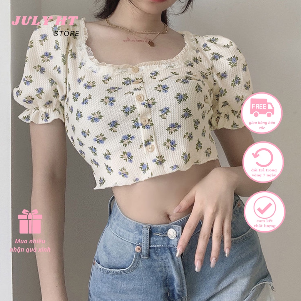 Áo Croptop Nữ JULY HT Tay Phồng Phong Cách Hàn Quốc, Cổ Áo Chữ U, Họa Tiết Hoa Nhí Vô Cùng Nổi Bật
