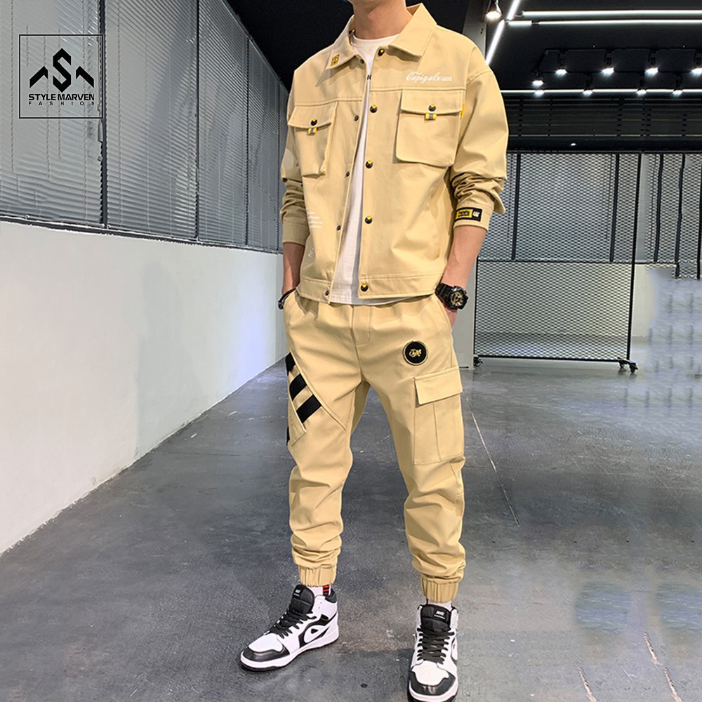 Bộ đồ nam kaki dài tay cổ bẻ túi hộp kết hợp quần jogger sọc bo gấu cá tính STYLE MARVEN SET NAM 90000124