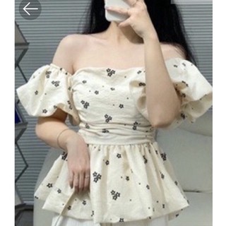 (hàng thiết kế) Áo peplum tay phồng kiểu lưng chun in hoa nhí thời trang, xinh xắn