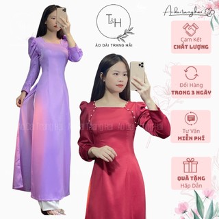Áo dài cách tân cổ vuông tay bồng đính hạt-Trang Hải