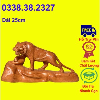 Tượng con hổ chiều dài 25cm được làm bằng gỗ hương nguyên khối