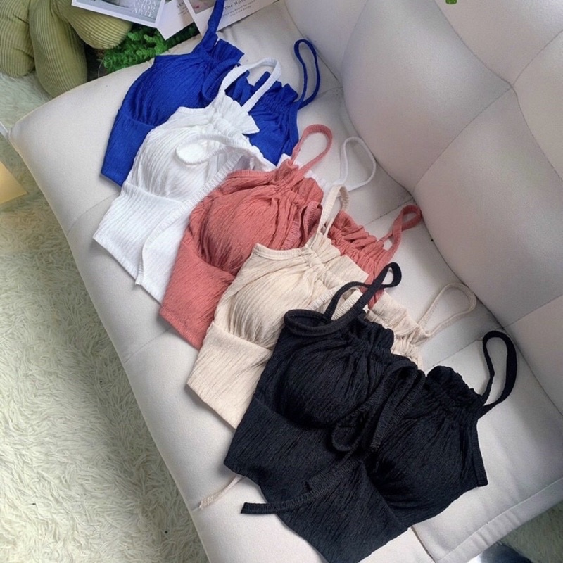 Áo croptop nữ dáng ôm thắt nơ có đệm ngực, áo 2 dây tiểu thư dễ thương