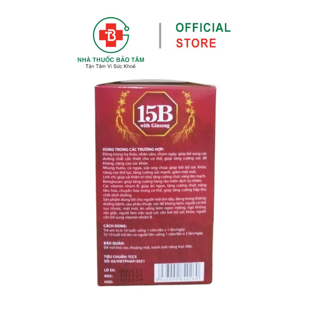 Viên uống Vitamin 15B Ginseng bổ sung vitamin, giúp tăng cường thể lực - Hộp 100 Viên