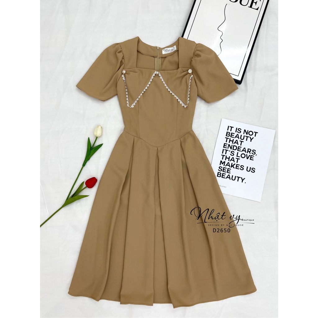 Đầm dự tiệc Maihouse xếp ly cổ viền ren cách điệu đính cúc dáng xoè chất thun phù hợp đi chơi dạo phố sang chảnh - D2650
