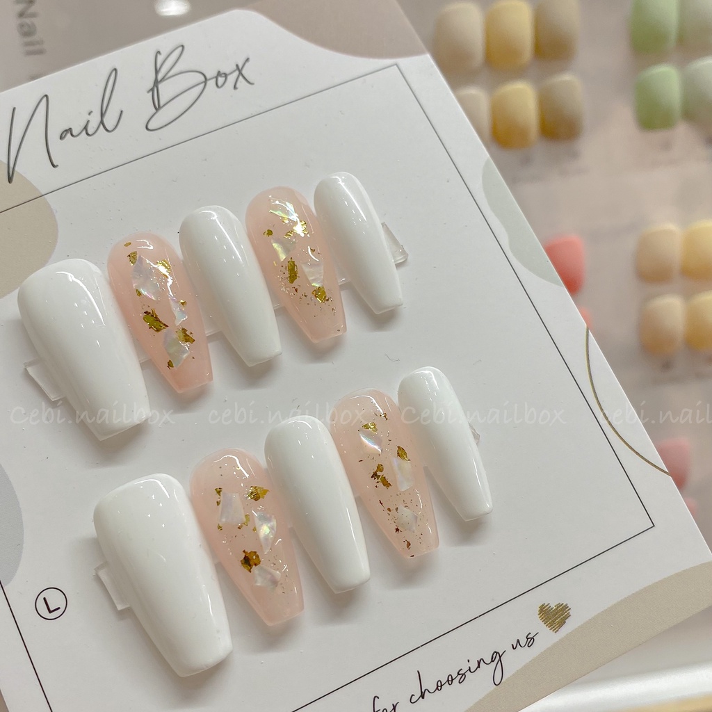 Móng úp thủ công C192 dài thạch hồng ẩn xà cừ cebi.nailbox