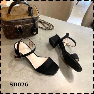 Sandal đế vuông nữ Giày sandal mũi vuông bản quai dây gót bọc cao 3 phân chất nỉ nhung êm ái SD026