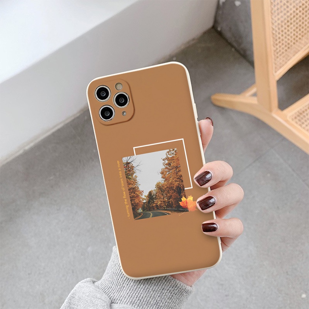 Ốp lưng iphone ốp chống bẩn khung hàng phong lá đỏ nền nâu ip 7plus 8plus x xsmax 11 12 13 14 pro max plus e5417