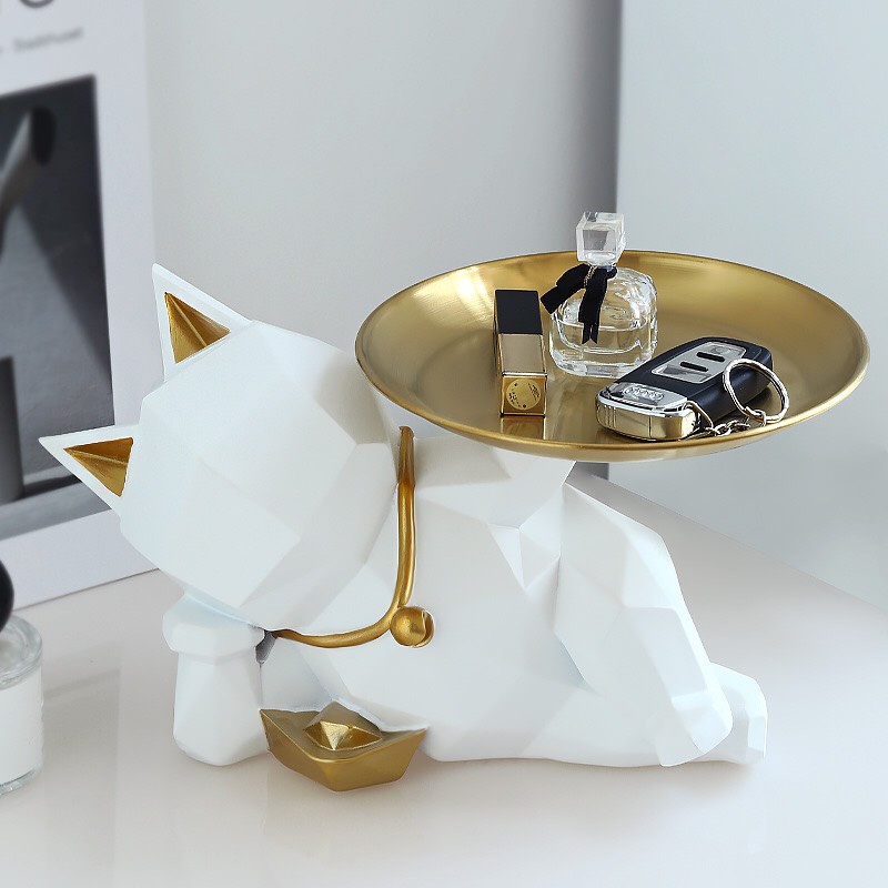 Tượng Mèo thần tài hình học bưng đĩa phong cách Bắc Âu sang trọng trang trí để bàn