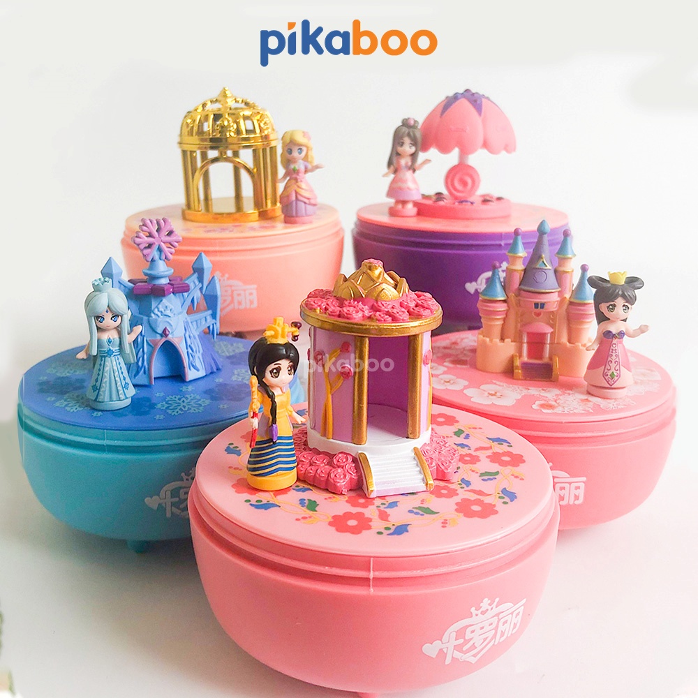 Đồ chơi Hộp nhạc trong suốt vặn cót cao cấp Pikaboo công chúa dễ thương di chuyển quanh lâu đài theo tiếng nhạc du dương