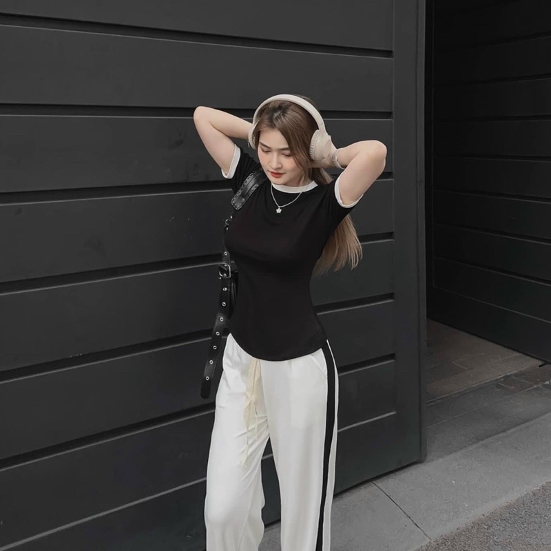 Set Bộ Áo Croptop Viền Cổ Tròn + Quần Ống Xuông DÂY THỪNG Lai Viền CÓ TÁCH LẺ MÓN