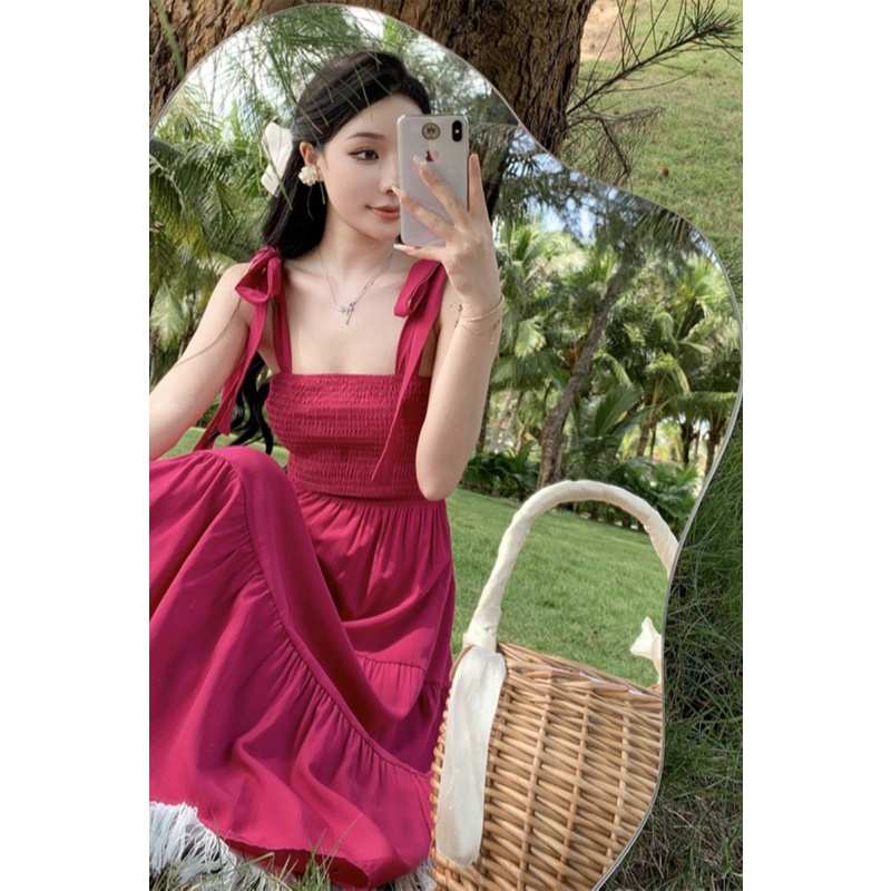 (ORDER) Váy maxi hai dây màu hồng đậm thun ngực, dây thắt nơ vai điệu đà xòe dài đi biển gợi cảm