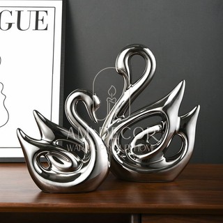 Tượng Cặp đôi thiên nga gốm sứ mạ bạc decor trang trí phòng khách sang trọng - AM Decor