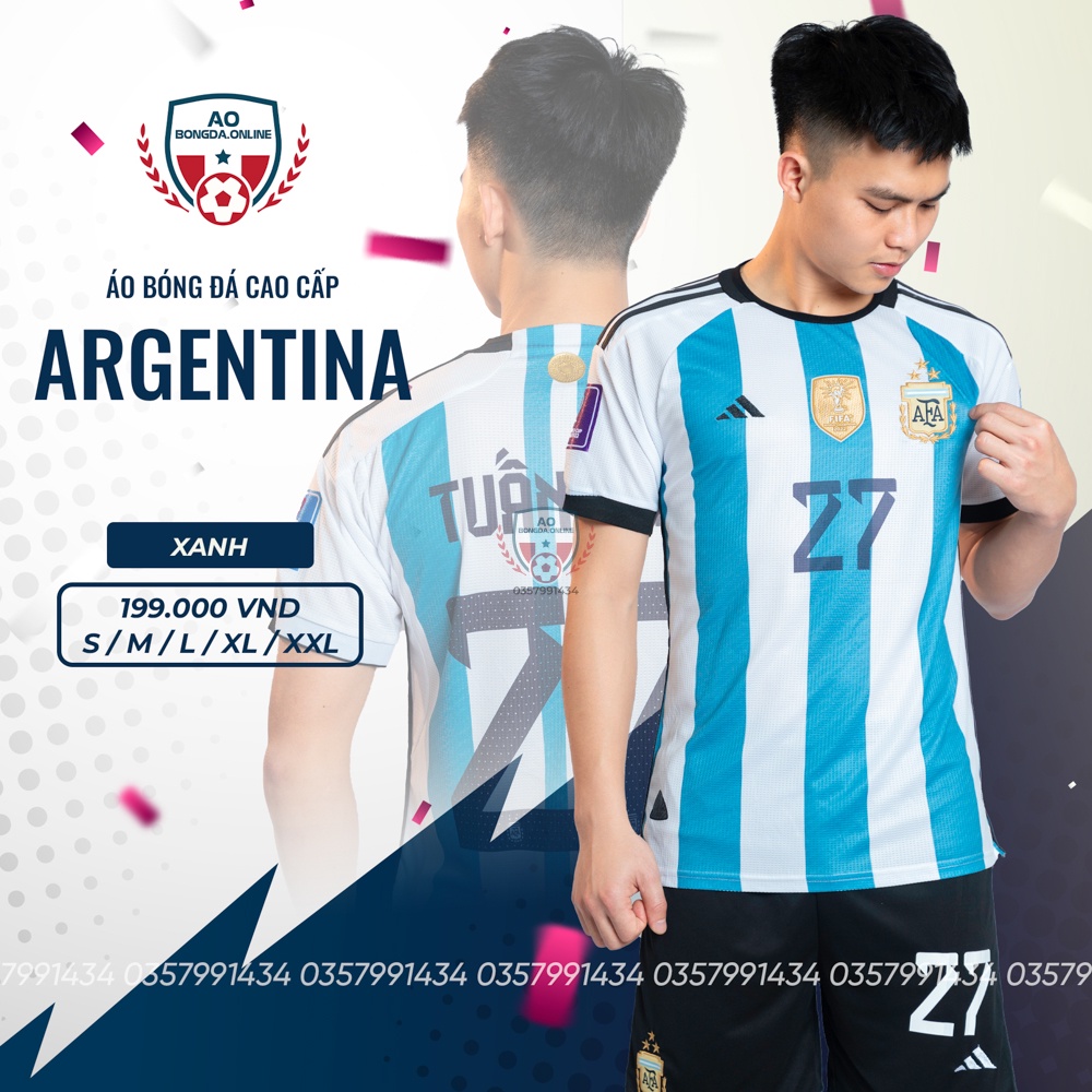 Áo Bóng Đá Đội Tuyển Argentina 3 sao Word Cup 2022-2023 Vải Gai Mịn Cao Cấp - Chuẩn Áo Thi Đấu