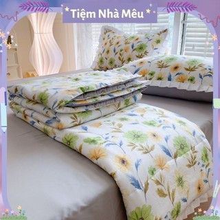 Bộ 4 Món Kèm Chăn Mền Ga Gối Cotton Đũi Viền Bèo Ren Ngắn Hoa Nhí Phong Cách Hàn Quốc Tiệm Nhà Mêu