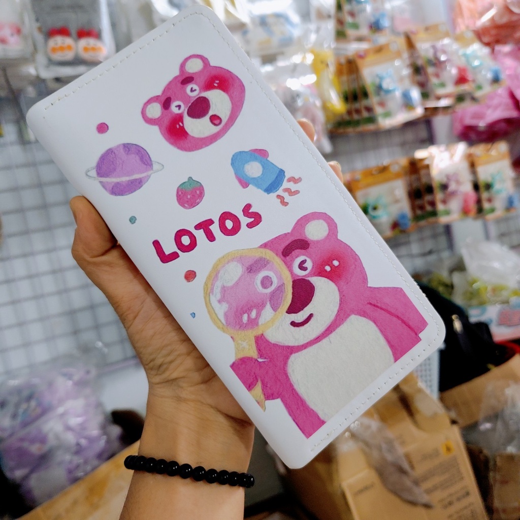 Bóp ví dài ví hình chữ nhật Da Pu hoạ tiết Gấu Dâu lotso hồng đáng yêu