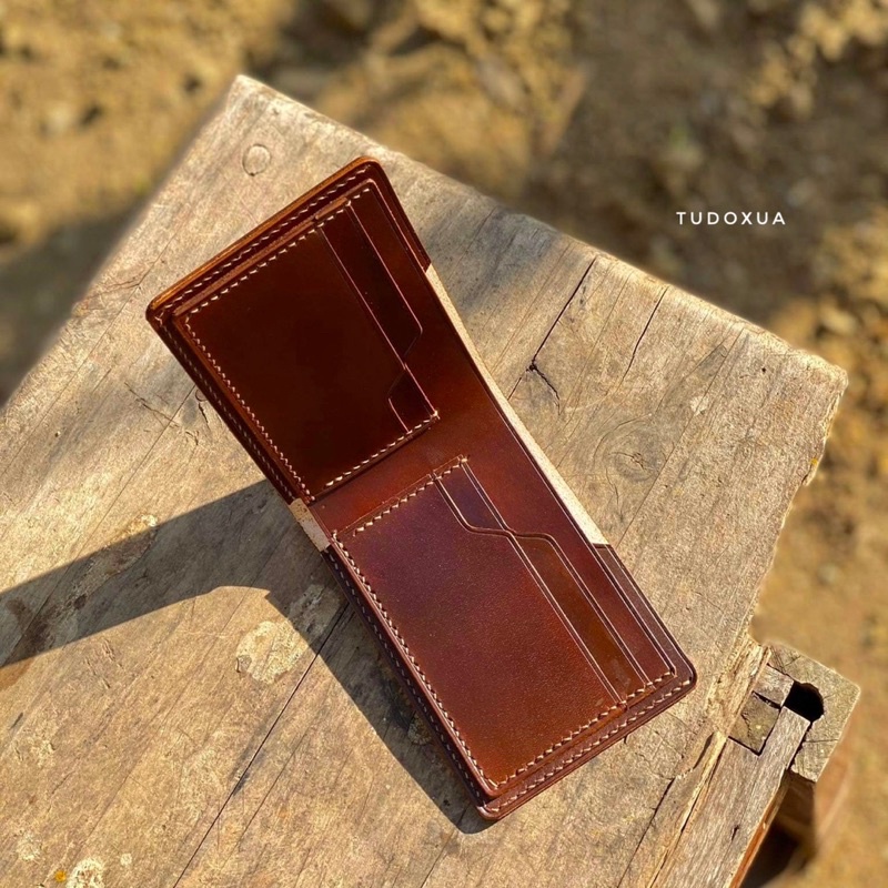 Ví da ngang khắc tên TUDOXUA chất liệu da veg Ý, tặng kèm móc khóa da