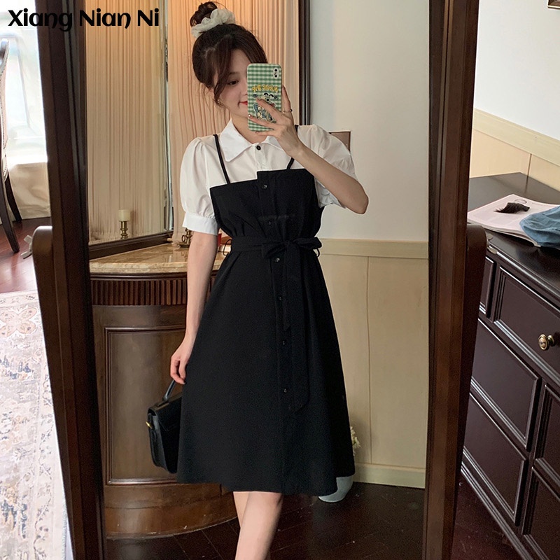 Đầm sơ mi Xiang Nian Ni giả hai mảnh ghép nối thắt eo phong cách Hàn Quốc cho nữ