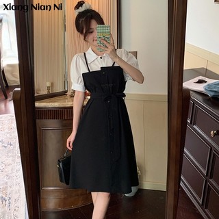 Đầm sơ mi Xiang Nian Ni giả hai mảnh ghép nối thắt eo phong cách Hàn Quốc cho nữ
