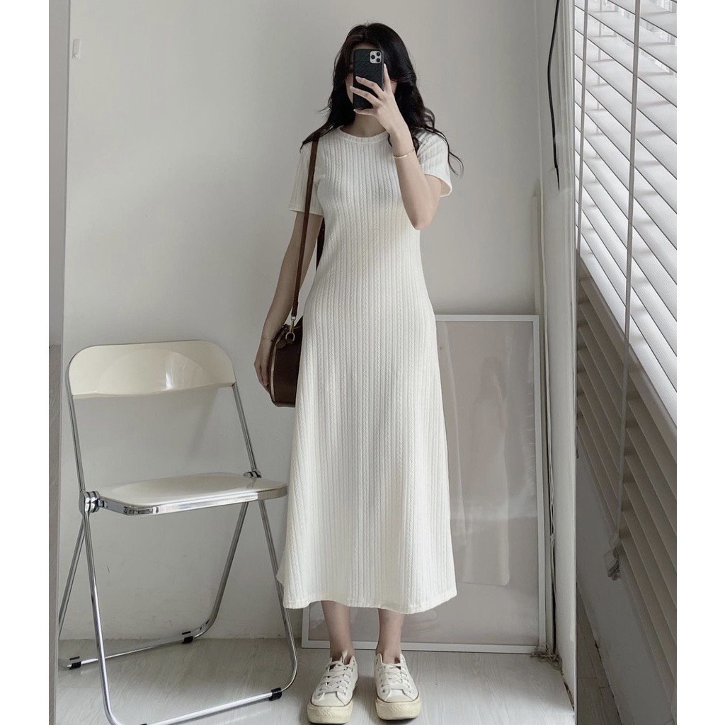 [Ảnh thật] Váy Maxi Thun Gân Form Suông Cộc Tay Dáng Ôm