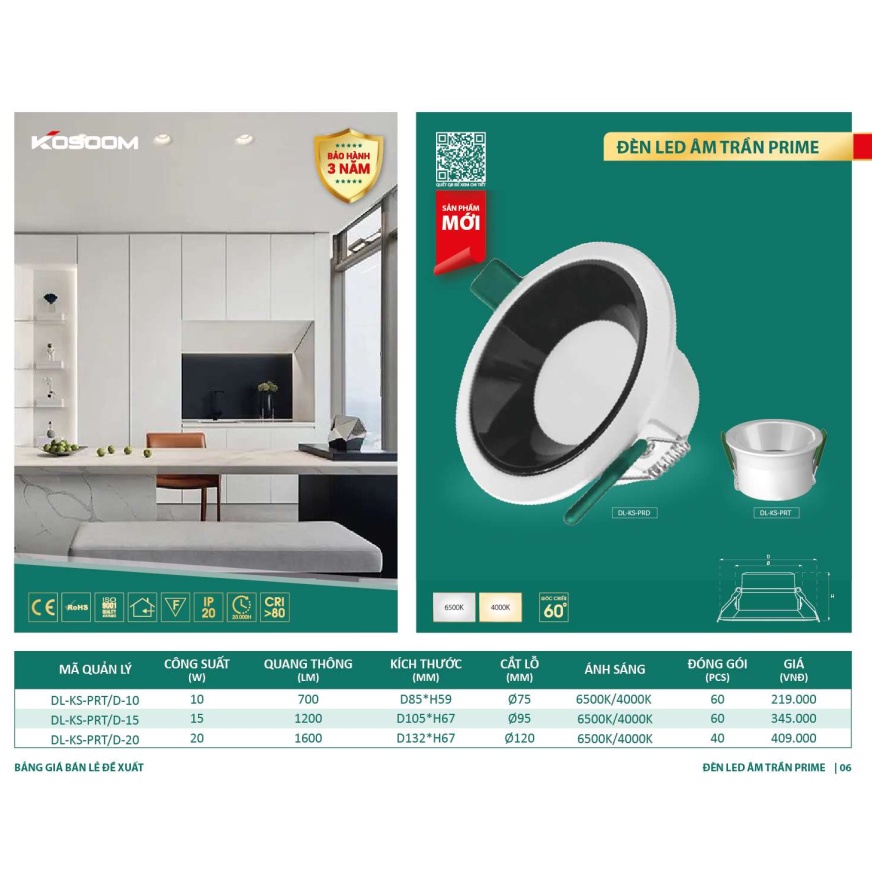 Đèn âm trần Chống Chói Chiếu Sâu KOSOOM Prime 10W, 15W, 20W, bảo hành 3 năm