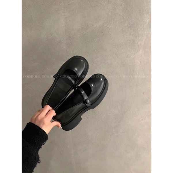 Giày da mềm khuy cúc - đen/trắng - COISHOES
