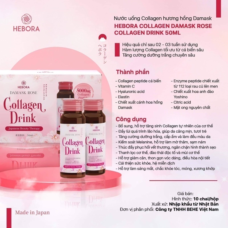 Nước Uống Hebora Damask Rose Collagen Drink 5000mg Collagen Peptide 50ml x 10 Lọ Nhật Bản