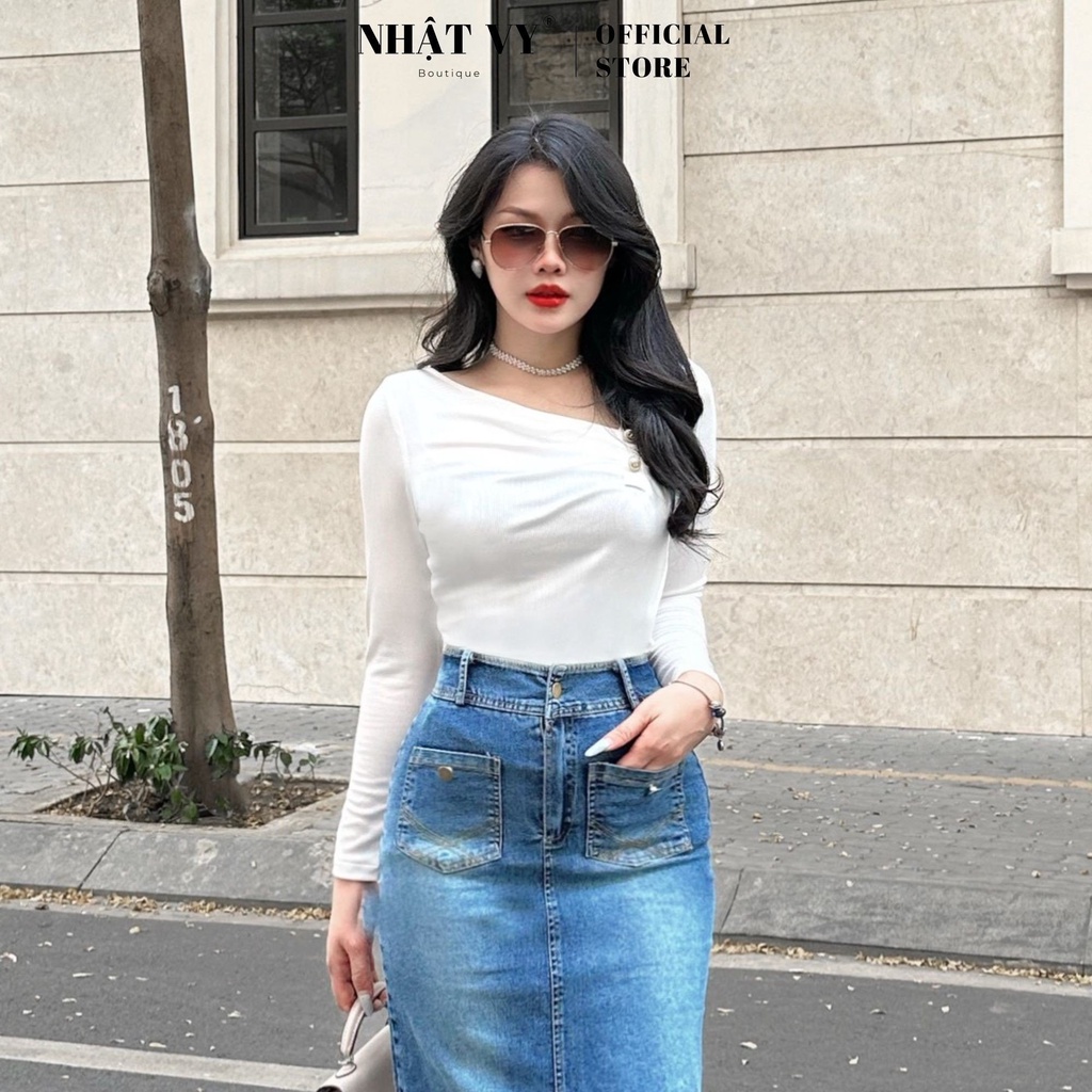Áo thời trang nữ Nhật Vy tay dài cổ xéo xếp ly đính cúc ngực dáng ôm chất thun sọc tăm phù hợp công sở , đi chơi - D2657