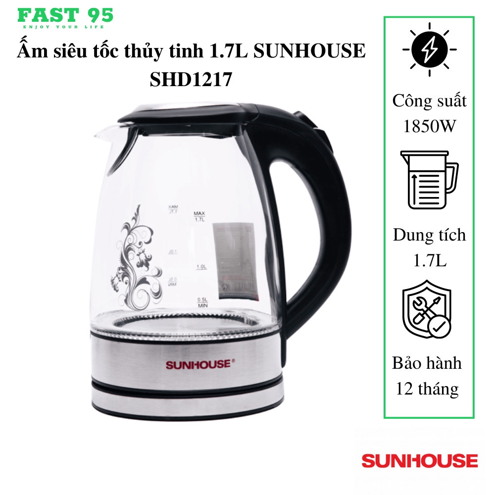 Ấm siêu tốc thủy tinh 1.7L Sunhouse SHD1217 hàng chính hãng giá tốt