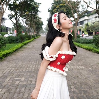 ÁO CROPTOP TRỄ VAI CÓ TAY LEN MÓC MIE KÈM BĂNG ĐÔ CÓ SẴN