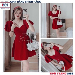 Đầm babydoll đỏ cổ vuông dáng xòe cực xinh và dễ thương -váy dự sang chảnh -THỜI TRANG 1989