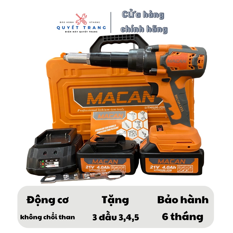 Máy rút đinh rive nhôm chạy pin MACAN động cơ không chổi 260N.m than tặng kèm 2 pin 1 sạc bảo hành 6 tháng
