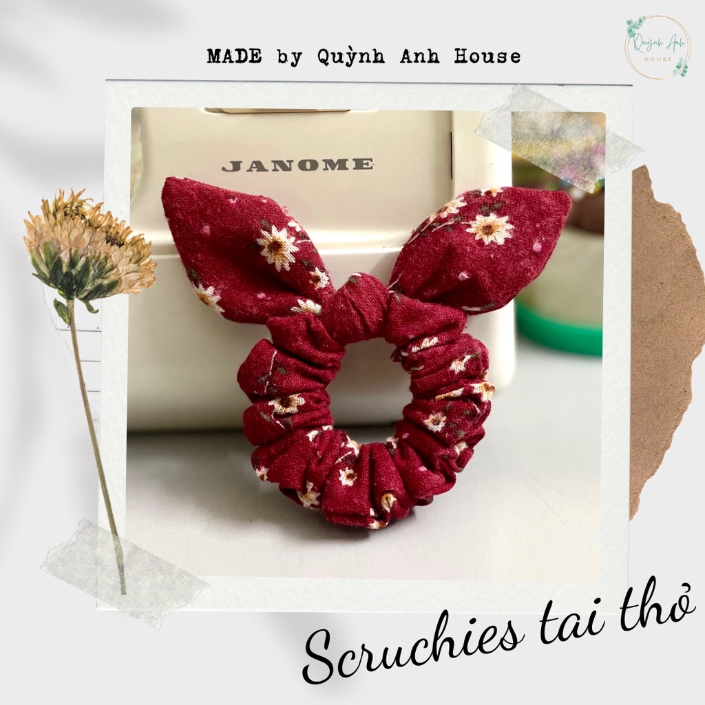 Dây buộc tóc Scrunchies handmade hoa nhí mini kèm nơ tai thỏ - QA1001
