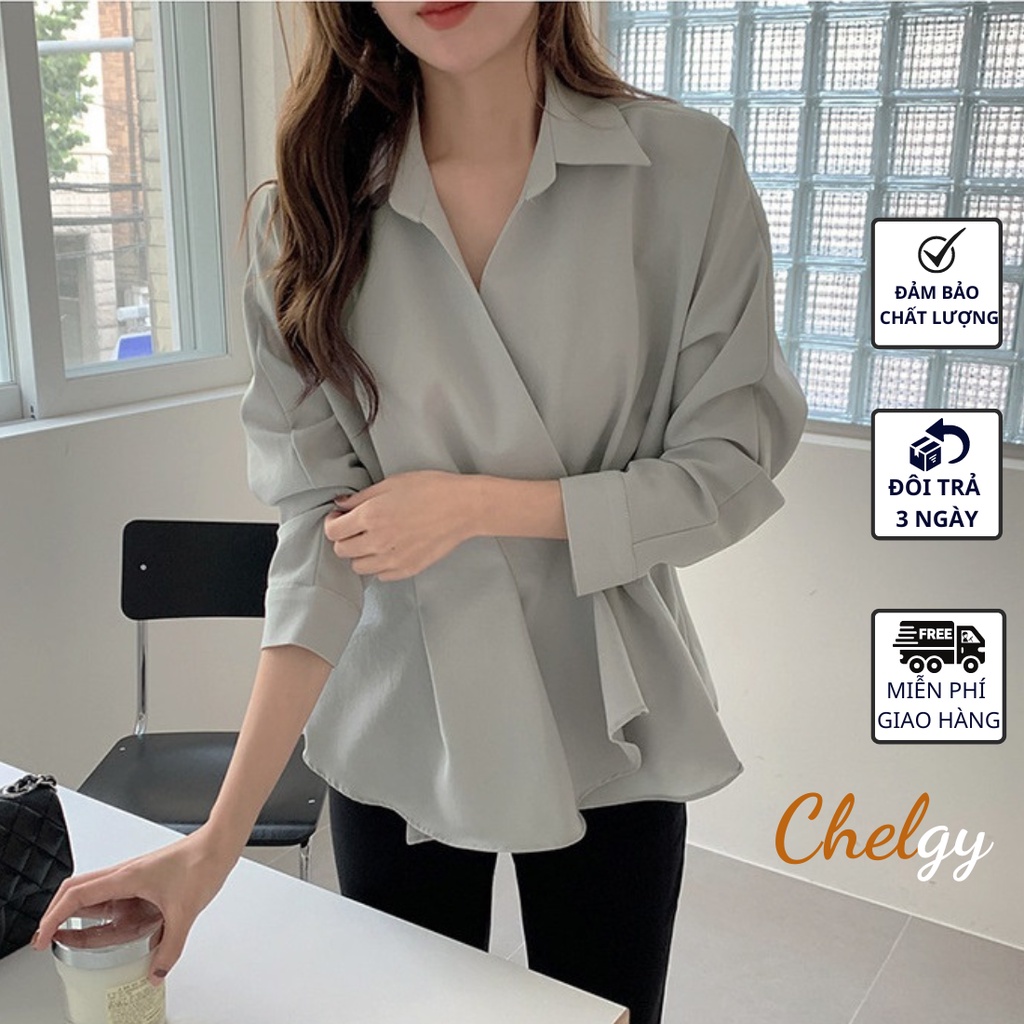 Áo sơ mi nữ form rộng Chelgy chất lụa trơn màu xám dài tay, áo sơ mi công sở dáng xòe cổ chữ V vạt xếp tầng CG-SML05