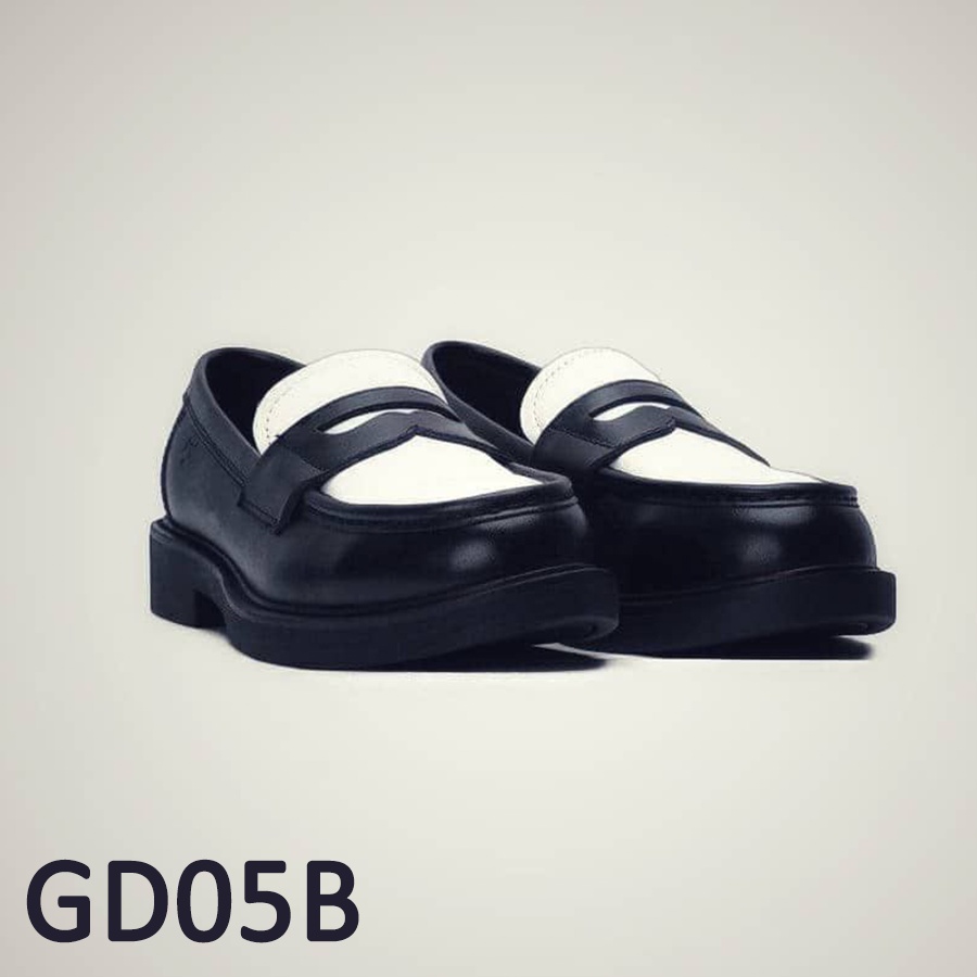 Giày Penny Loafer phối màu trắng đen thời trang chất liệu da bò đế cao su đúc và Lót đế giày tăng chiều cao thêm 3cm