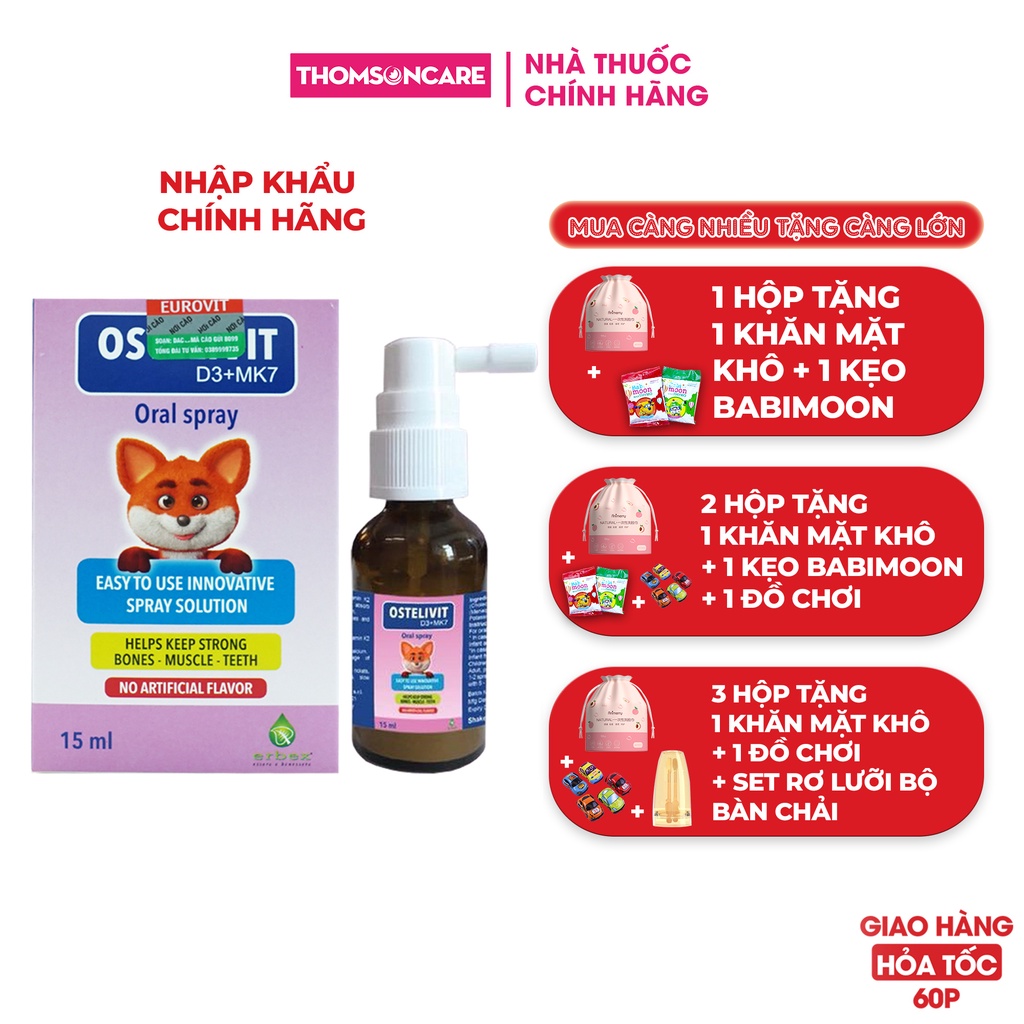 D3 xịt cho bé Ostelivit Nhập khẩu từ Ý, bổ sung vitamin D 3 k2 Hấp thụ canxi tăng chiều cao, kích thích mọc răng