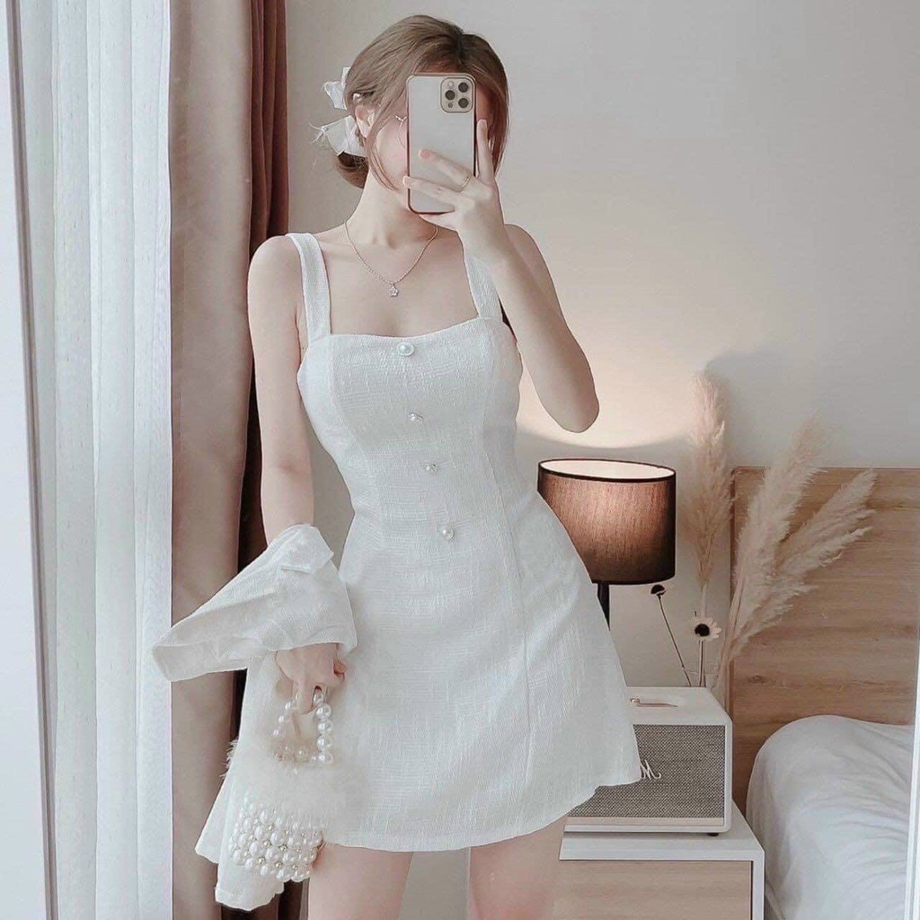 Set váy dạ nữ Tweed 2 dây kèm áo khoác ngoài croptop sang chảnh , xinh xắn dành cho các nàng đi chơi, đi tiệc.