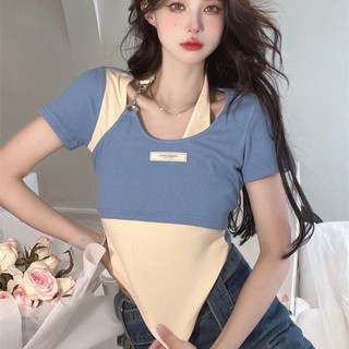 Set áo cổ yếm phối khoen, Áo croptop nữ ngắn tay cổ yếm phối xích, Áo kiểu nữ ôm body phối khoen trước ngực SL98